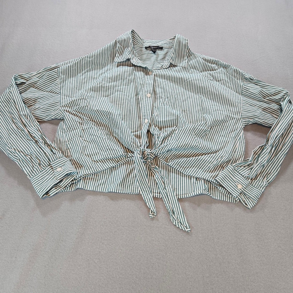 Forever 21 Button Down‎ Shirt Womens L Green White Striped Front Tie Cropped Top